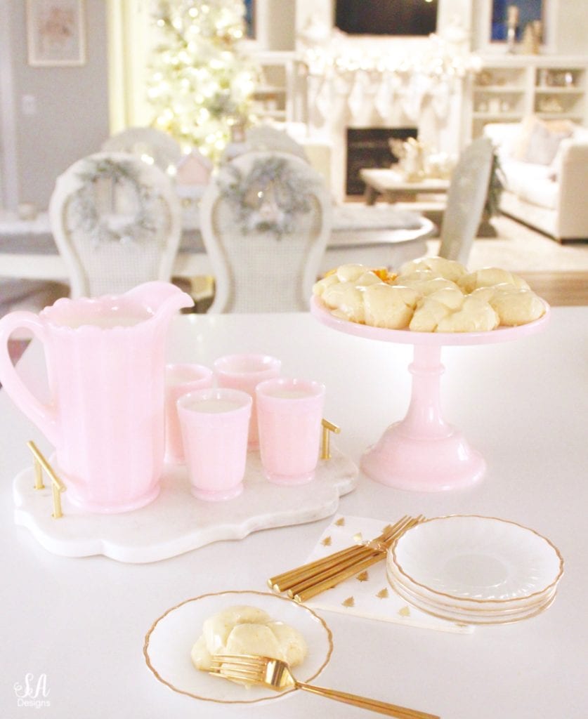 pink milk glass cake stand, pink milk glass pitcher, pink milk glass cups, pink milk glass sur la table, vintage pink milk glass, one hour roll recipe, orange rolls, christmas recipe, thanksgiving roll recipe, orange dessert, quick rise bread, quick rise rolls