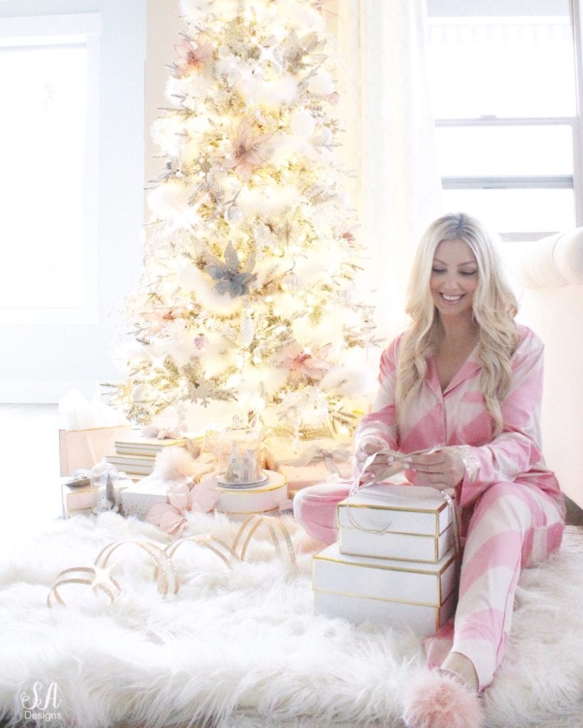 victorias secret pink silk candy cane pajamas set, blonde hair, nbr extensions, gift wrapping, gift boxes sugar paper la, flocked tree