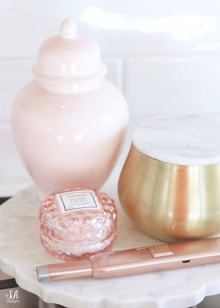 pink ginger jar, macaron candle, anthropologie volcano candle, marble tray board, flameless usb lighter