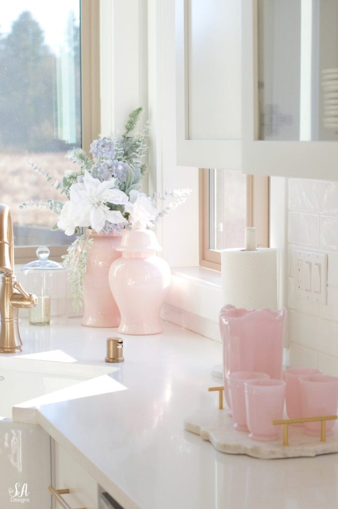 pink ginger jars, pink milkglass cups and pitcher