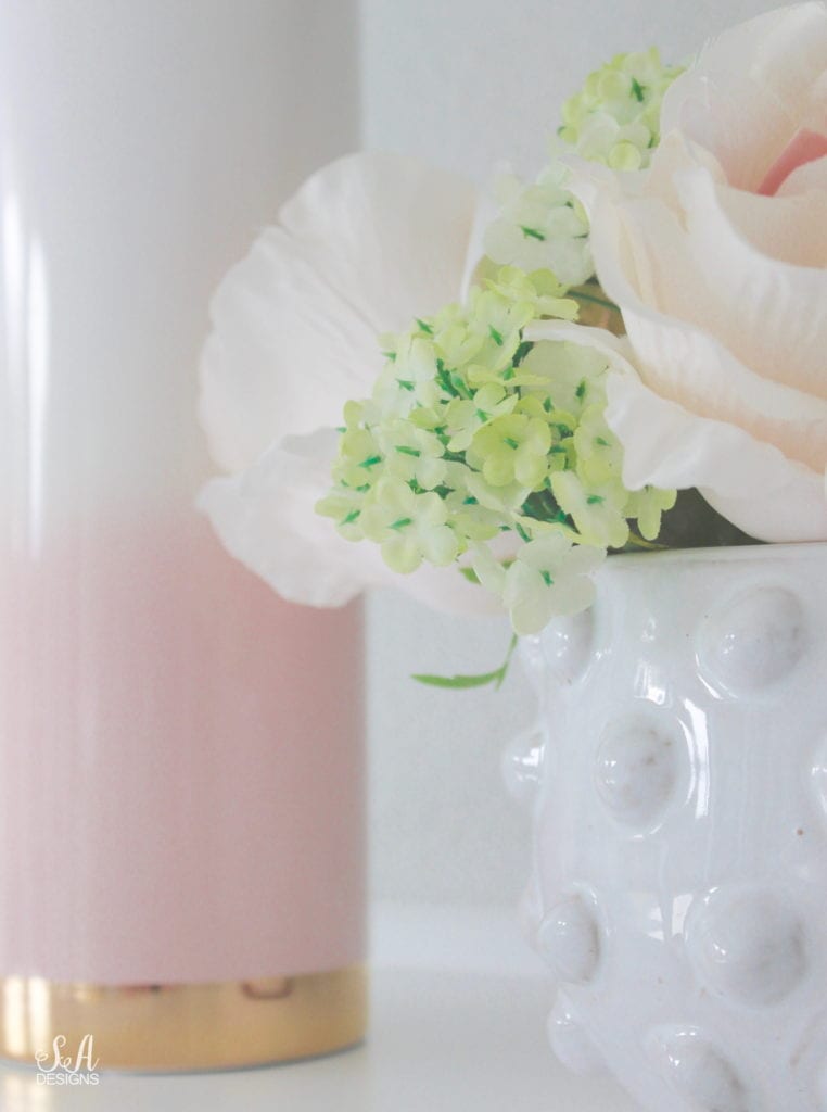 blush pink and green spring decor, elegant classy spring decor, the best faux floral, how to mix faux and fresh floral, studio mcgee hobnail pot, blush ombre vase gold base, white green blossoms