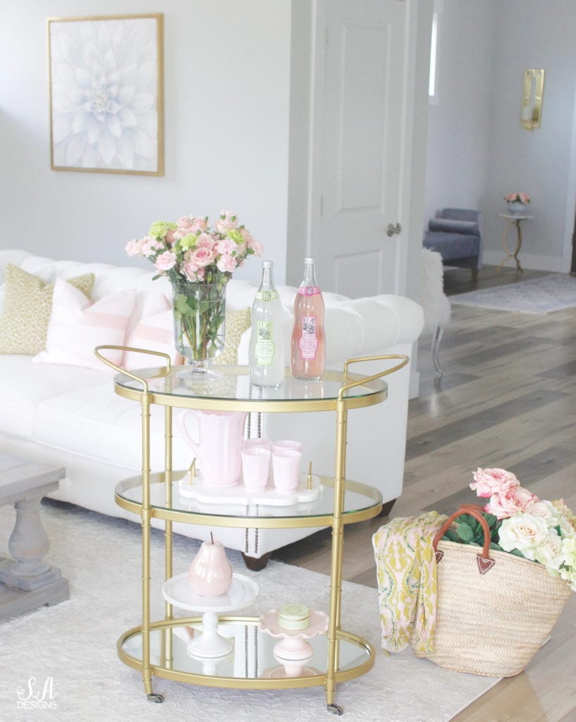 blush pink and green spring decor, spring bar cart for the family