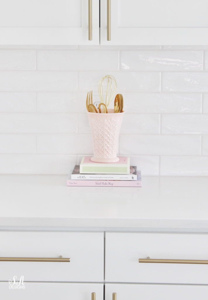 pink milk glass, laduree macaron dessert book, spring kitchen decor