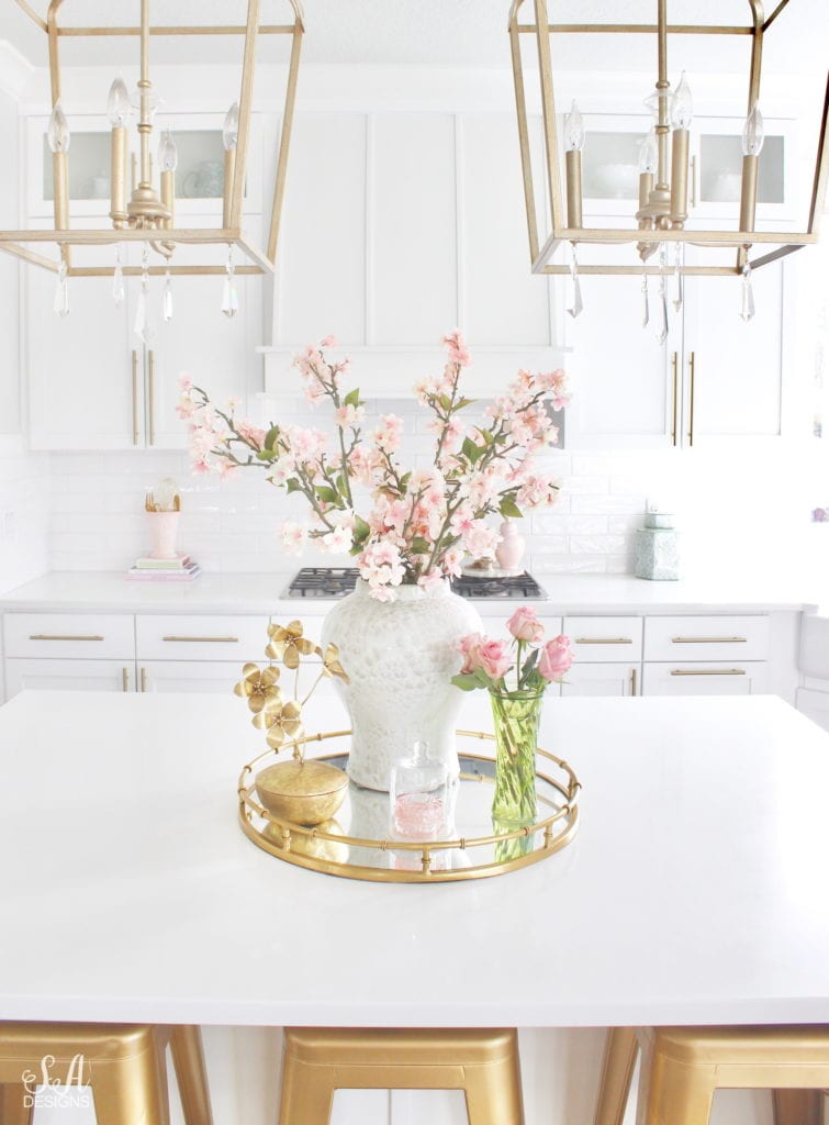 blush pink and green spring decor, spring kitchen decor, the best faux and fresh floral, white kitchen, classy white kitchen, classy interiors brass hardware, elegant white kitchen, elegant kitchen, blogger kitchen, gold brass hardware, gold brass barstools, ginger jar