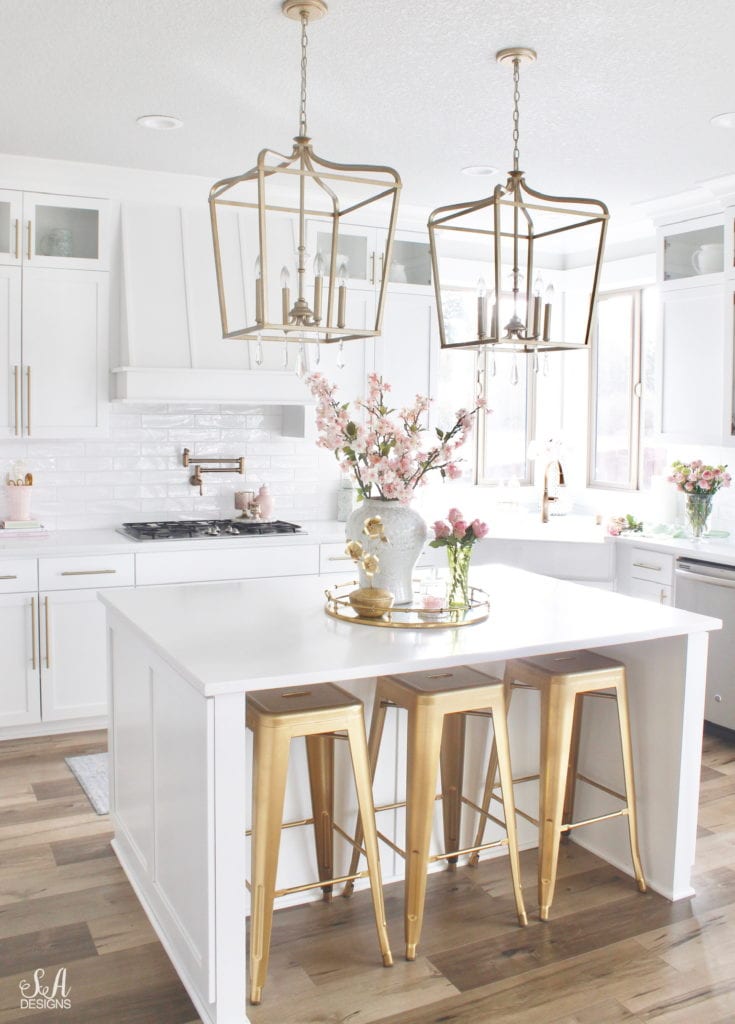 blush pink and green spring decor, spring kitchen decor, the best faux and fresh floral, white kitchen, classy white kitchen, classy interiors brass hardware, elegant white kitchen, elegant kitchen, blogger kitchen, gold brass hardware, gold brass barstools