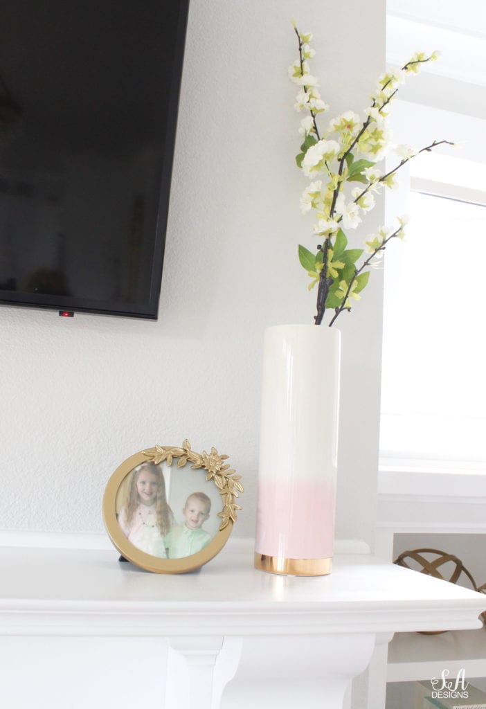 blush pink and green spring decor, elegant classy spring decor, the best faux floral, how to mix faux and fresh floral, studio mcgee hobnail pot, blush ombre vase gold base, white green blossoms, pottery barn monique lhullier frame