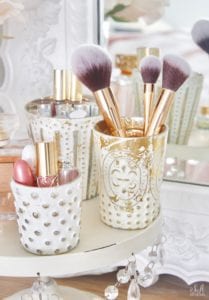 pottery barn jewelry storage organizers, organize and style your vanity and bathroom, jewelry storage, makeup storage ideas, perfume display ideas, elegant chic classy glamorous vanity, eclectic mercury votive holders white, candle votives makeup brush holder
