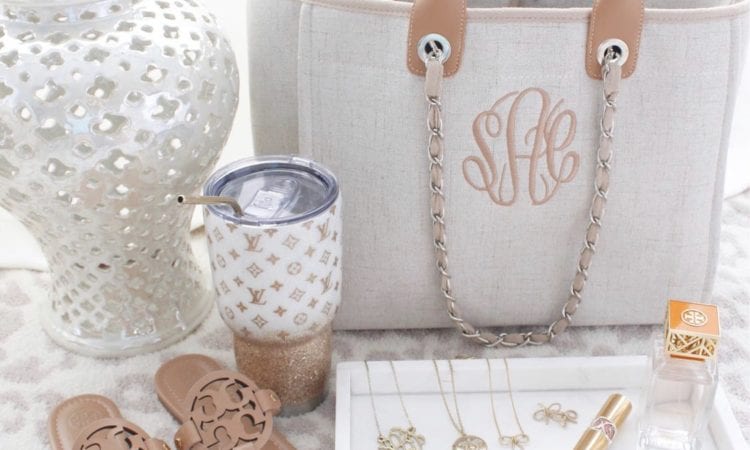 shop I love jewelry monogram tweed bag, Louis Vuitton glitter tumbler, Tory Burch miller sandals makeup, barefoot dreams in the wild leopard throw blanket