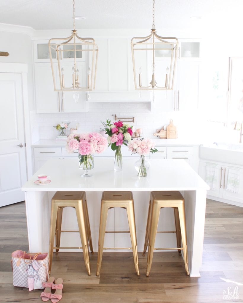 pink peonies summer adams white kitchen design