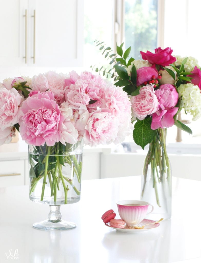 pink peonies, pink teacup, pink macarons