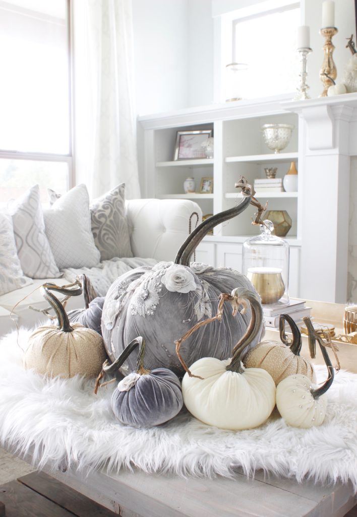 Hot Skwash Velvet Pumpkins, Fall decor, glam fall decor, classy fall decor, elegant fall decor, neutral fall decor, custom velvet handmade pumpkins, gray and gold living room, gray and gold fall decor, grey and gold fall glam elegant classy living room, gold tray, turned legs coffee table, Crystorama calypso vibrant gold chandelier