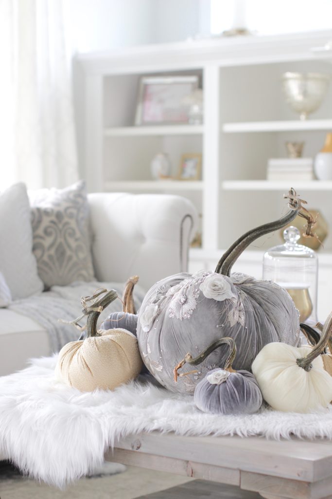 Hot Skwash Velvet Pumpkins, Fall decor, glam fall decor, classy fall decor, elegant fall decor, neutral fall decor, custom velvet handmade pumpkins, gray and gold living room, gray and gold fall decor, grey and gold fall glam elegant classy living room