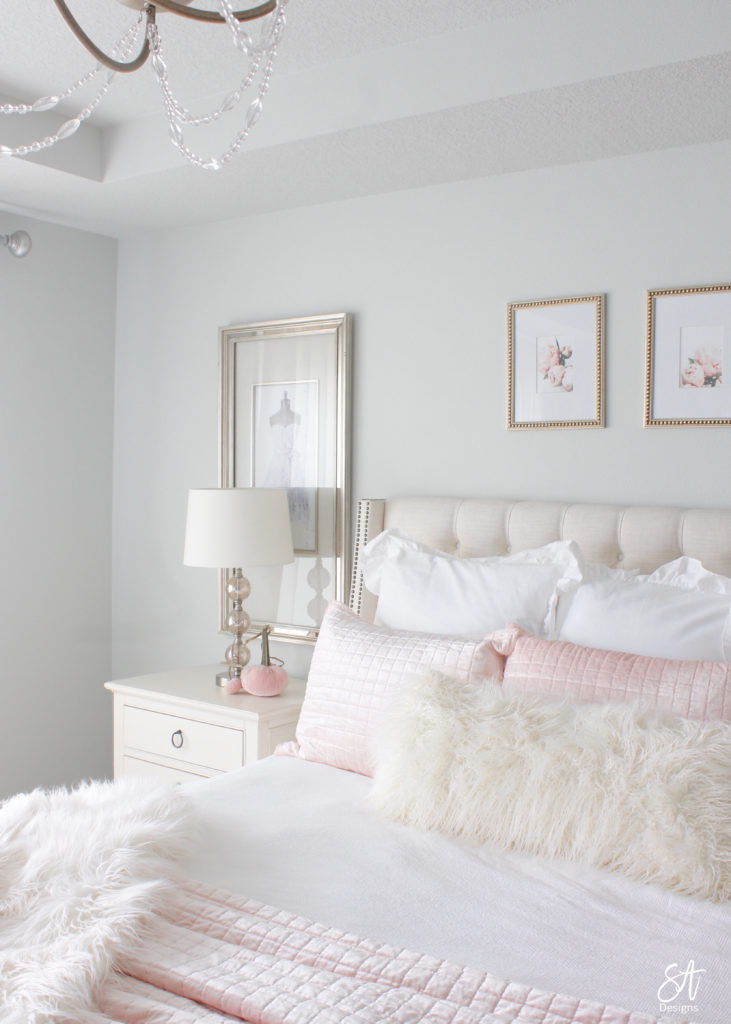 blush pink velvet pumpkins, elegant fall bedroom decor, hot skwash blush pink pumpkins, glam fall bedroom decor, French country bedroom fall decor, pink velvet bedding