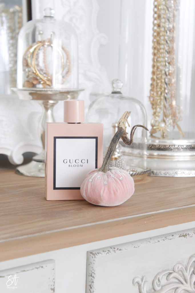 blush pink velvet pumpkins, elegant fall bedroom decor, hot skwash blush pink pumpkins, glam fall bedroom decor, French country bedroom fall decor, pink velvet bedding, Gucci perfume, mini blush pink pumpkin with Swarovski crystals