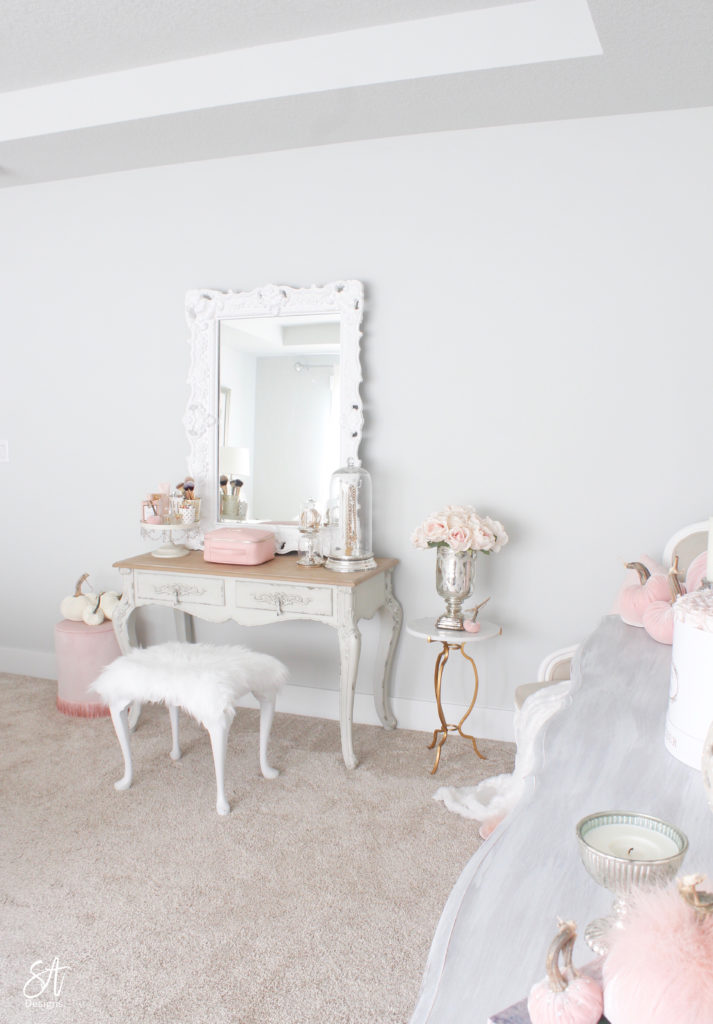 blush pink velvet pumpkins, elegant fall bedroom decor, hot skwash blush pink pumpkins, glam fall bedroom decor, French country bedroom fall decor, pink velvet bedding