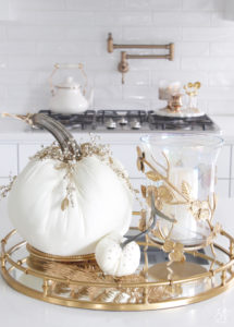 how to decorate with velvet pumpkins, diy velvet pumpkins, white gold fall decor, velvet pumpkins kitchen decor