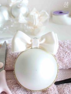 rhinestone bow diy ornament, girlie girly bow ornament, wedding ornament, Christmas rhinestones ornaments, Christmas decorations, glam Christmas decorations, elegant Christmas decor, classy Christmas decor, ivory bling ornaments, ivory ornate Christmas decor diy, ornament in gift box