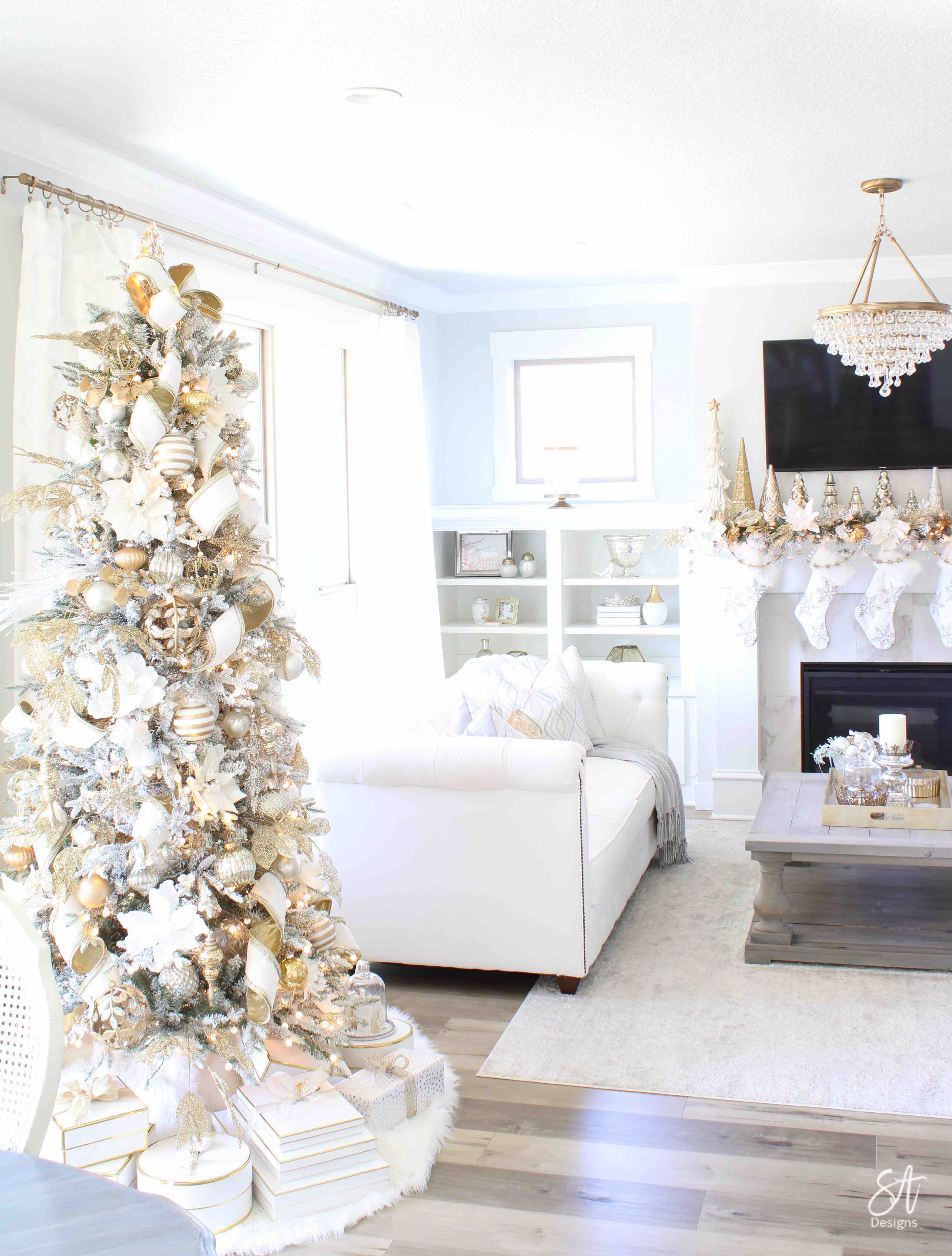 Glam White & Gold Living Room Christmas Tree & Mantel10 - Summer Adams