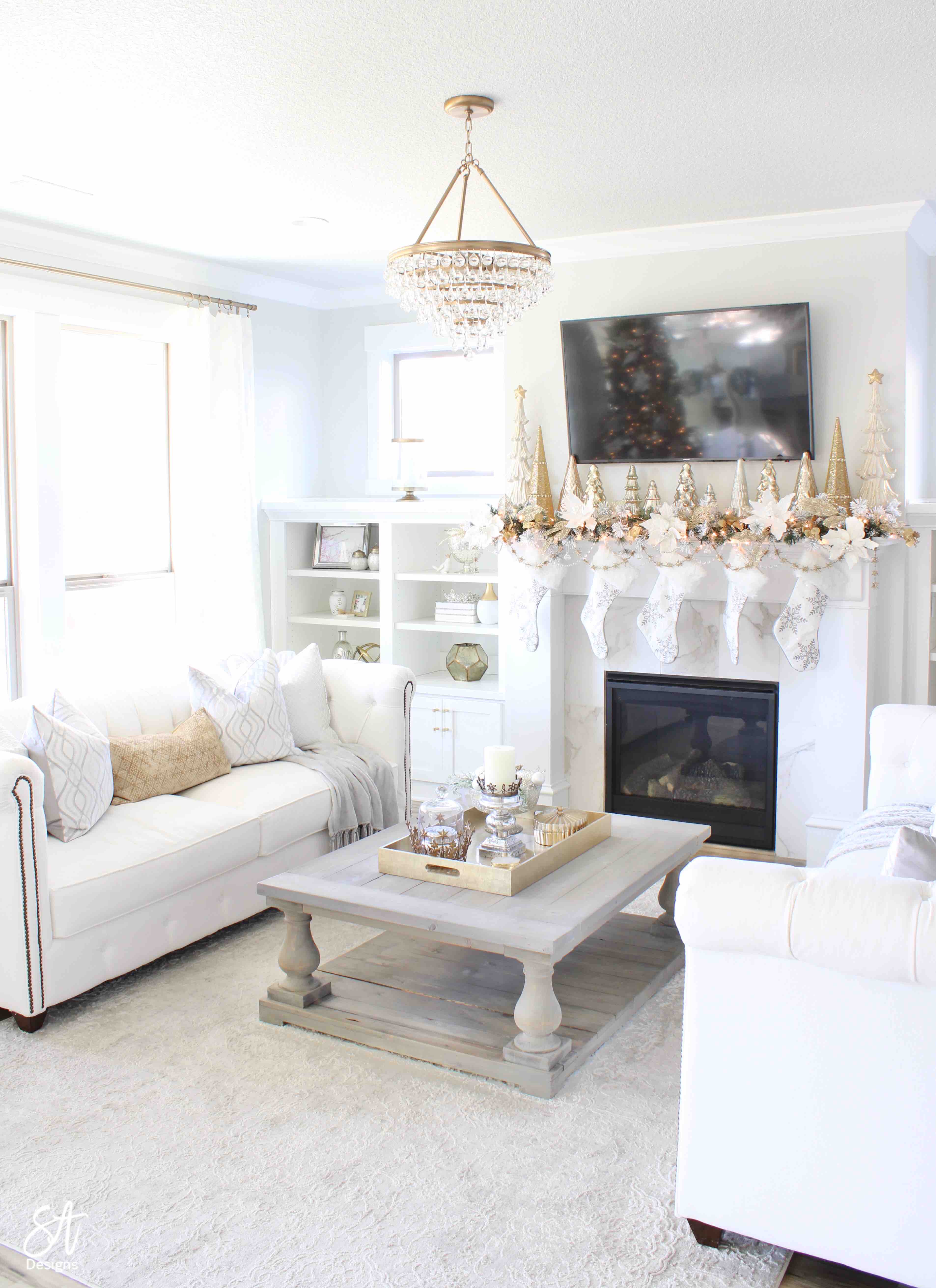 Glam White & Gold Living Room Christmas Tree & Mantel12 - Summer Adams