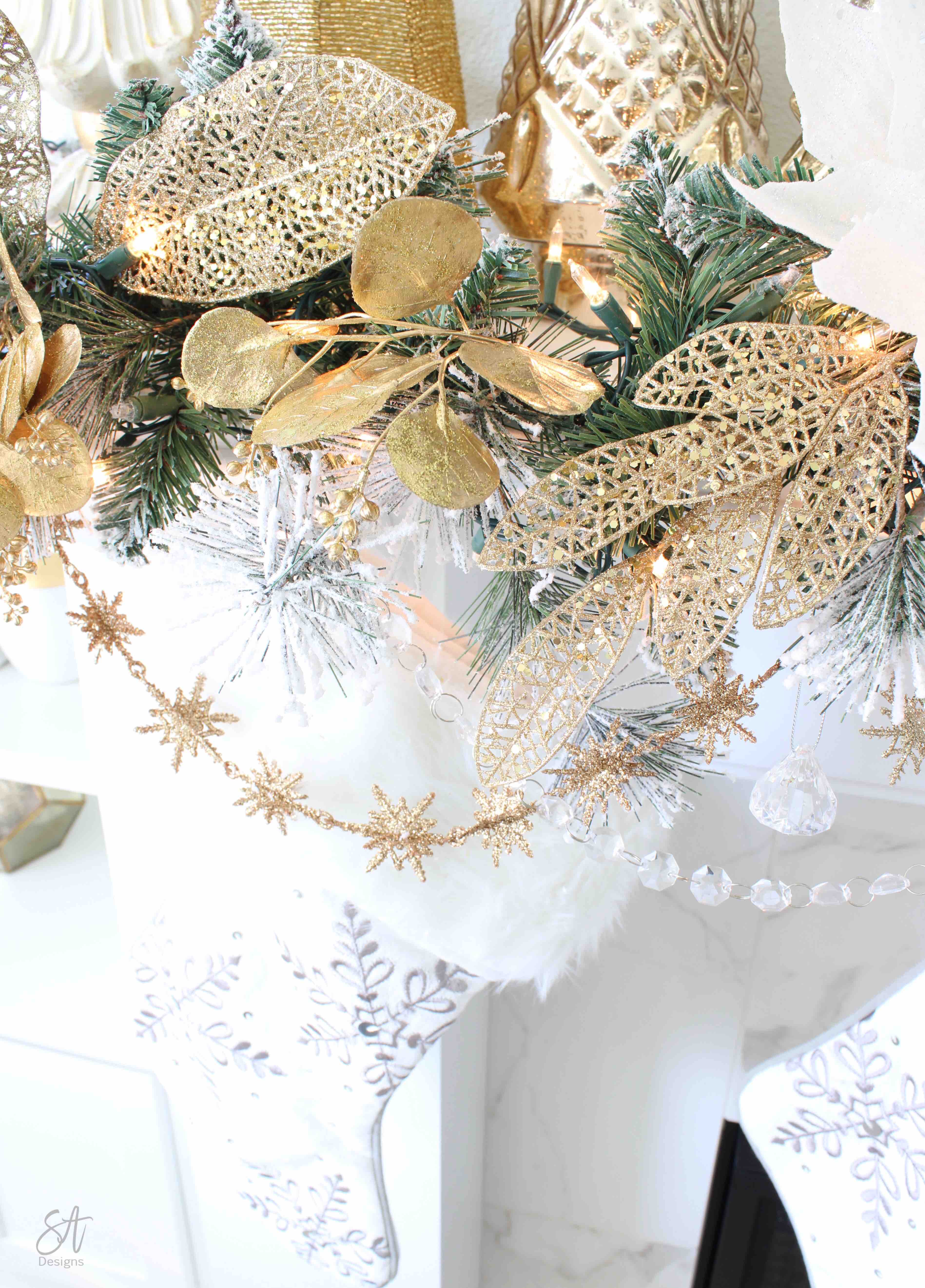 Glam White &amp; Gold Living Room Christmas Tree &amp; Mantel2 - Summer Adams