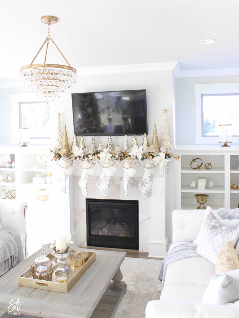 Glam White Gold Living Room Christmas Tree Mantel