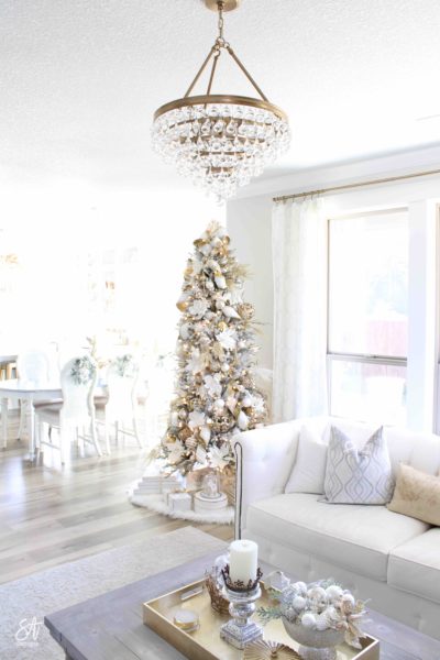Glam White & Gold Living Room Christmas Tree & Mantel - Summer Adams