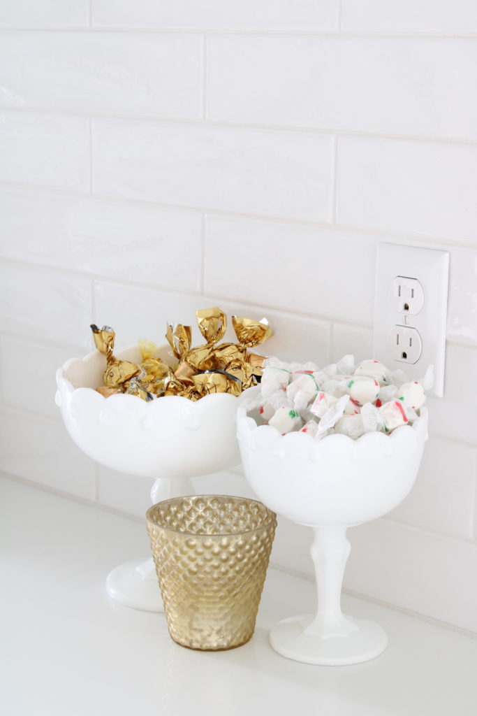 Christmas candy, milk glass pedestal bowls