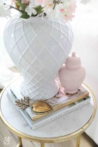 Voluspa candles, Voluspa 123 oz rose candle, valentines diy fresh flowers arrangement at home, classy Valentine's Day decor, elegant Valentine's decor, soft romantic pink Valentine's Day decor, glam Valentine's decorations, classy elegant glam Valentine's pennant banner garland, Valentine's flower arrangements, pink ginger jars, Valentine's candy bar buffet, Valentine's cocoa hot chocolate bar, Valentine's bar cart, Valentine's living room decor, Valentine's entry way decor, classy glam elegant Valentine's Day decorating ideas, white kitchen decorated for Valentine's Day, elegant Valentine's tablescapes, gold mirrored tray, gold sequin heart banner, mercury glass votives pottery barn, ruffle cake stand, voluspa macaron candles, milk glass pedestal bowls