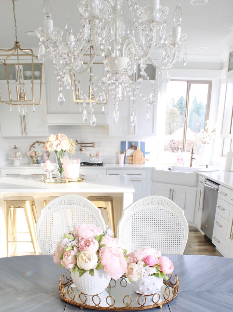 the best faux florals, best faux peonies, faux pink peonies, prettiest pink peonies, white hobnail vase planter pot, gold mirrored tray