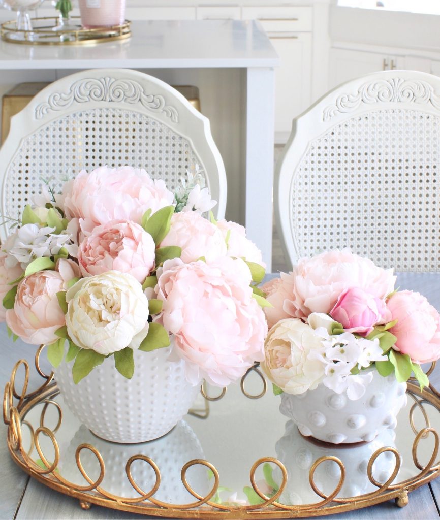 the best faux florals, best faux peonies, faux pink peonies, prettiest pink peonies, white hobnail vase planter pot, gold mirrored tray