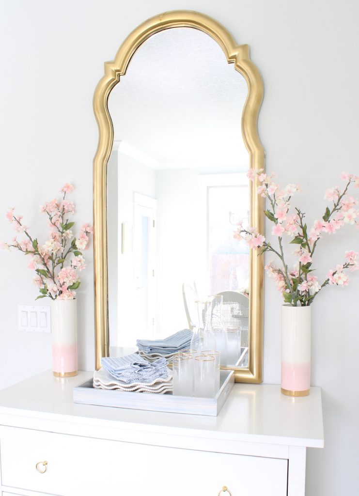 white and blue dining room spring decor and serve ware 