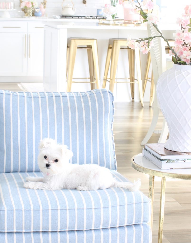 Caitlin Wilson pillows, crystorama chandelier, calypso chandelier, blue and white striped slipper chair, white tufted sofa, spring decorating tips, how to decorate your home for spring, blogger spring home tour, spring home goals, hgtv spring home design inspiration, gorgeous spring decorating, glam spring decor, elegant spring decor, pink and blue spring decorating tips ideas, cutest Maltese puppy Gracie Girl Adams, Cutest Maltese Dog Puppy