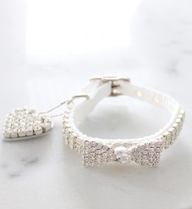pearl rhinestone bow heart tag glam Hollywood celebrity puppy dog collar