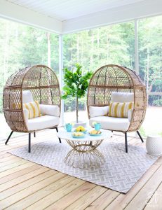 patio furniture, entertaining outdoors, lemons, Walmart, lemon plant, lemon tree, egg chairs, opal house marble round coffee table, rattan furniture, better homes and gardens furniture, hangout spot for teens, trendy furniture, South Carolina blogger