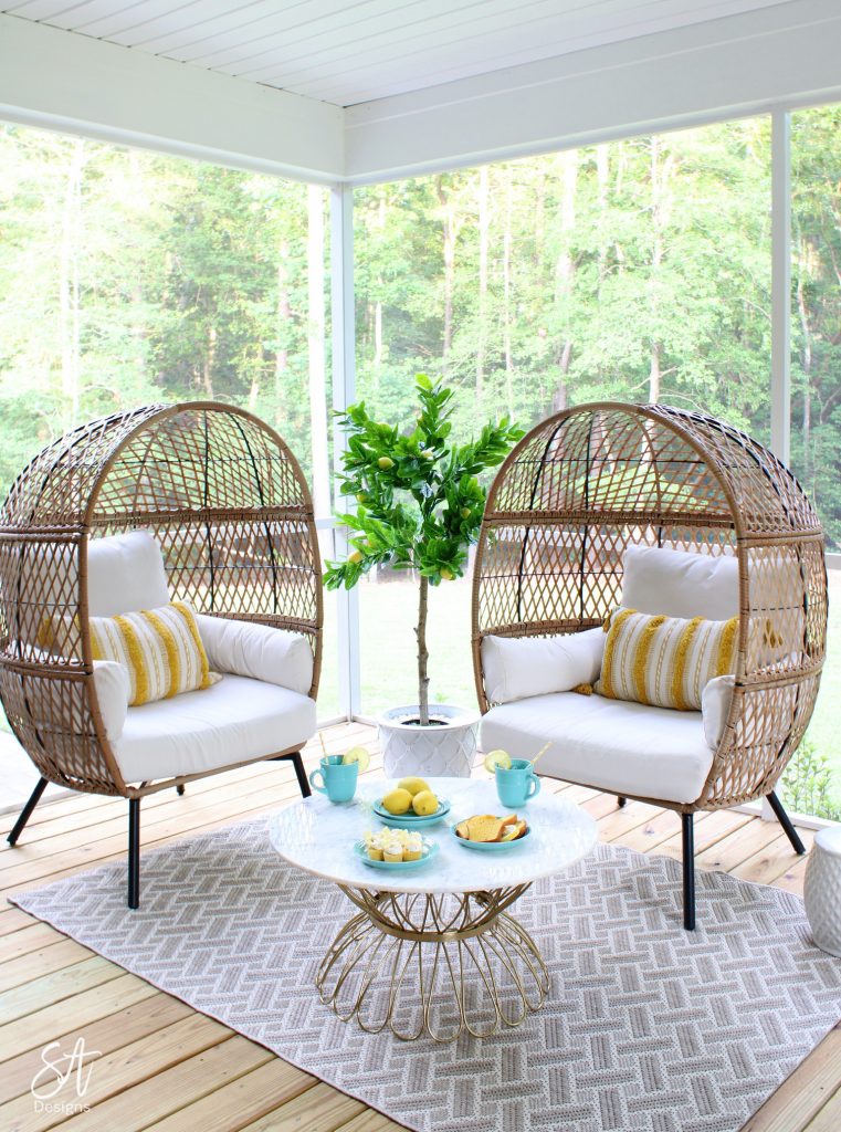 patio furniture, entertaining outdoors, lemons, Walmart, lemon plant, lemon tree, egg chairs, opal house marble round coffee table, rattan furniture, better homes and gardens furniture, hangout spot for teens, trendy furniture, South Carolina blogger
