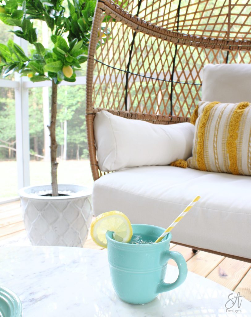 patio furniture, entertaining outdoors, lemons, Walmart, lemon plant, lemon tree, egg chairs, opal house marble round coffee table, rattan furniture, better homes and gardens furniture, hangout spot for teens, trendy furniture, South Carolina blogger
