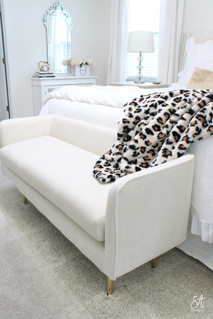 glam white velvet bench gold legs, glam bedroom decor, white and gold decor, leopard minky throw blanket