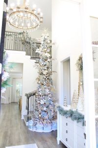ornate aqua spa blue 2.5" wired ribbon, designer christmas tree ribbon, designer christmas tree, glam christmas tree, blogger influencer christmas tree design, how to place ribbon on christmas tree, flocked christmas tree, 12' christmas tree, entry way christmas design, christmas inspiration, sugar paper target christmas wrap boxes, pottery barn mercury glass christmas trees, anthropologie gleaming primrose 5' mirror, christmas entry inspo decorating, glam christmas