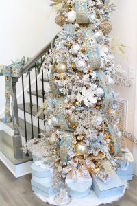 ornate aqua spa blue 2.5" wired ribbon, designer christmas tree ribbon, designer christmas tree, glam christmas tree, blogger influencer christmas tree design, how to place ribbon on christmas tree, flocked christmas tree, 12' christmas tree, entry way christmas design, christmas inspiration, sugar paper target christmas wrap boxes, pottery barn mercury glass christmas trees, anthropologie gleaming primrose 5' mirror, christmas entry inspo decorating, glam christmas