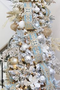 ornate aqua spa blue 2.5" wired ribbon, designer christmas tree ribbon, designer christmas tree, glam christmas tree, blogger influencer christmas tree design, how to place ribbon on christmas tree, flocked christmas tree, 12' christmas tree, entry way christmas design, christmas inspiration, sugar paper target christmas wrap boxes, pottery barn mercury glass christmas trees, anthropologie gleaming primrose 5' mirror, christmas entry inspo decorating, glam christmas