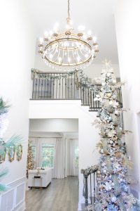 ornate aqua spa blue 2.5" wired ribbon, designer christmas tree ribbon, designer christmas tree, glam christmas tree, blogger influencer christmas tree design, how to place ribbon on christmas tree, flocked christmas tree, 12' christmas tree, entry way christmas design, christmas inspiration, sugar paper target christmas wrap boxes, pottery barn mercury glass christmas trees, anthropologie gleaming primrose 5' mirror, christmas entry inspo decorating, glam christmas