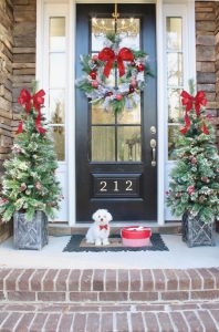 red and green front porch, maltese dog, christmas front porch, christmas entry