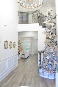 ornate aqua spa blue 2.5" wired ribbon, designer christmas tree ribbon, designer christmas tree, glam christmas tree, blogger influencer christmas tree design, how to place ribbon on christmas tree, flocked christmas tree, 12' christmas tree, entry way christmas design, christmas inspiration, sugar paper target christmas wrap boxes, pottery barn mercury glass christmas trees, anthropologie gleaming primrose 5' mirror, christmas entry inspo decorating, glam christmas