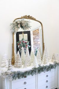 ornate aqua spa blue 2.5" wired ribbon, designer christmas tree ribbon, designer christmas tree, glam christmas tree, blogger influencer christmas tree design, how to place ribbon on christmas tree, flocked christmas tree, 12' christmas tree, entry way christmas design, christmas inspiration, sugar paper target christmas wrap boxes, pottery barn mercury glass christmas trees, anthropologie gleaming primrose 5' mirror, christmas entry inspo decorating, glam christmas