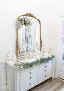 ornate aqua spa blue 2.5" wired ribbon, designer christmas tree ribbon, designer christmas tree, glam christmas tree, blogger influencer christmas tree design, how to place ribbon on christmas tree, flocked christmas tree, 12' christmas tree, entry way christmas design, christmas inspiration, sugar paper target christmas wrap boxes, pottery barn mercury glass christmas trees, anthropologie gleaming primrose 5' mirror, christmas entry inspo decorating, glam christmas