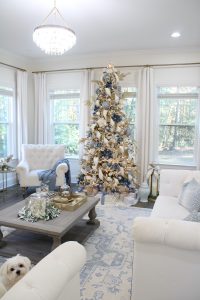 white and gold decor, glam christmas, white walls, ginger jars, classy christmas, christmas blogger tour, white sofas, custom pillow covers, flocked christmas tree, flocked garland christmas mantel