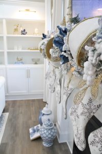 blue and white christmas mantel, blue and white christmas ginger jars