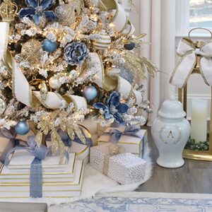 christmas ginger jar, christmas lantern, white and gold christmas presents with blue bow, chinoiserie christmas
