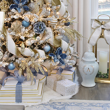christmas ginger jar, christmas lantern, white and gold christmas presents with blue bow, chinoiserie christmas