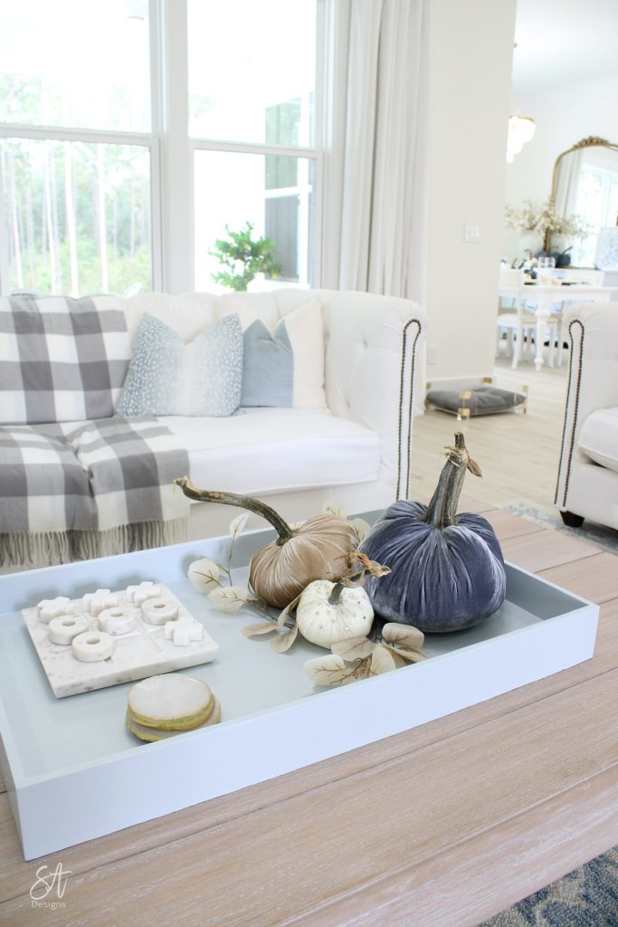 one story open layout floor plan, coastal country cottage home, elegant fall decor, luxe velvet pumpkins